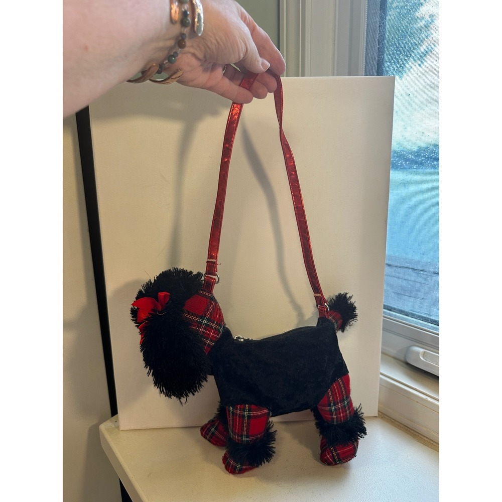 Poochie & Co Plush Dog Purse Black Red Plaid Poodle Shoulder Bag Holiday Bows